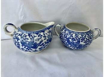 Blue And White Phenix Pattern Cream And Sugar Pot - 'M'Japan Marking