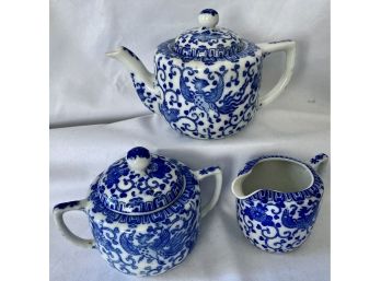 Blue And White Phenix Pattern Teapot, Creamer, And Sugar Pot - 'M' Made In Japan Marking