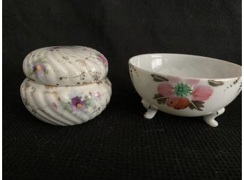 2 Items Small Footed And A A Covered Porcelain Container Bowl