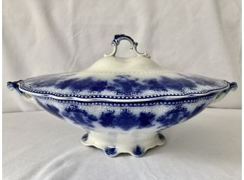 Clarence Flow Blue By Grindley Oval Covered Dish - Chip On Top Handle