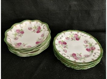 Wheelock Green And Pink Floral Plates (4) And Bowls (5) - Austria Vienna