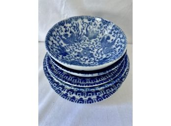 Blue And White Phenix Pattern Bowls And Plate - 'M'Japan Marking