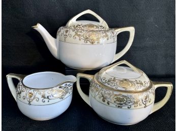 Nippon White And Gold Tea Pot, Cream And Sugar Containers - BLUE Marking