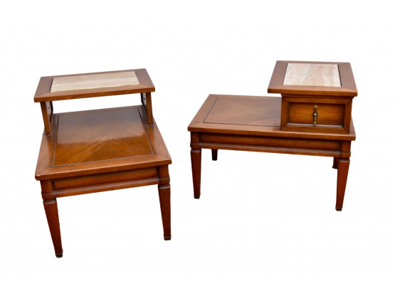 Pair Of Mid-Century Two Tier Step End Tables With Travertine Marble Inserts