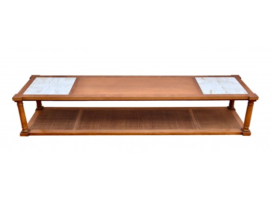 Spectacular Mid-Century  Modern Long Wood Coffee Table With Travertine Marble Inserts And Cane Lower Shelf
