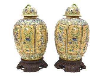 Pair Of Large Chinese Ginger Jars On Carved Wooden Stands