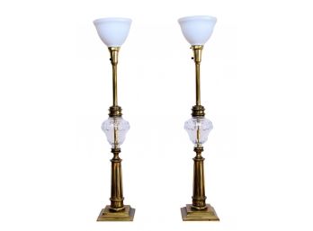 Pair Mid-Century Brass Torchere Lamps With Milk Glass Shades And Crystal Center