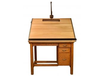 Mid-Century Stacor Industrials Oak Drafting Table With Industrial Lamp