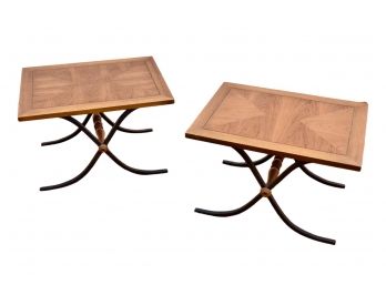 Pair Of Vintage X Shaped Iron And Wood End Tables