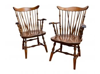 Pair Of Fiddleback Duxbury Windsor Cherry Wood Arm Chairs