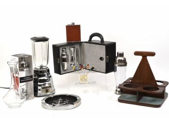 Collection Of Vintage Bar Essentials - Bruce Fox Design Aluminum Anchor Ashtray, Martini Travel Set And More