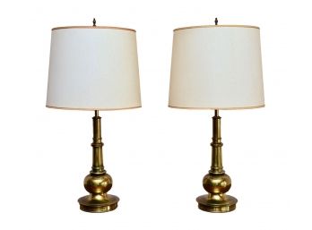 Pair Of Stiffel Mid-Century Modern Brass Lamps With Shades