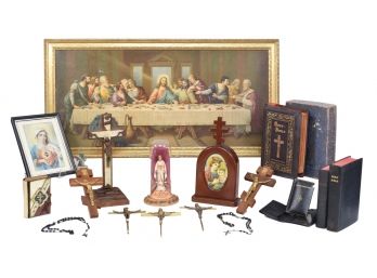 Collection Of Religious Items - The Last Supper, Bibles, Crucifixes, Virgin Mary In Glass Dome And More