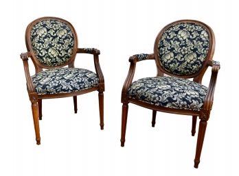 Pair Of Upholstered Round Back Carved Wood Armchairs