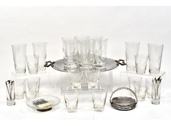 Collection Of Mid-century Etched Wheat Glasses, Rodney Kent Aluminum Coasters And More