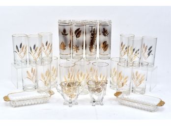 Mid-Century Modern Libbey Golden Foliage 22k Gold Frosted Leaf Highball Glasses And Wheat Glasses