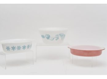 Pyrex Bowls - Turquoise On White Snowflake And Speckled Pink And Aqua Blue Federal Milk Glass Mixing Bowl