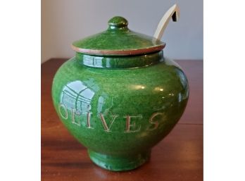 Vintage Imported Ceramic OLIVES Jar With Lid & Wood Spoon - Beautiful Shiny Glaze Over A Mottled Green Tone