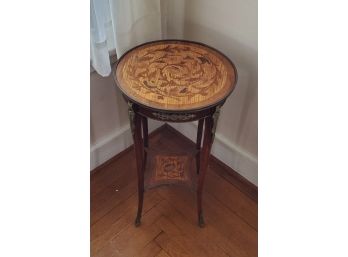 Exquisite Hand Crafted Marquetry Table With Brass Accents & Three Legs - With Lover Shelf And More Inlays!!