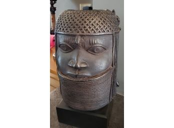 African Heavy & Solid - Beautiful Details Woman Metallic Sculpture / Vase On Wood Block Pedestal