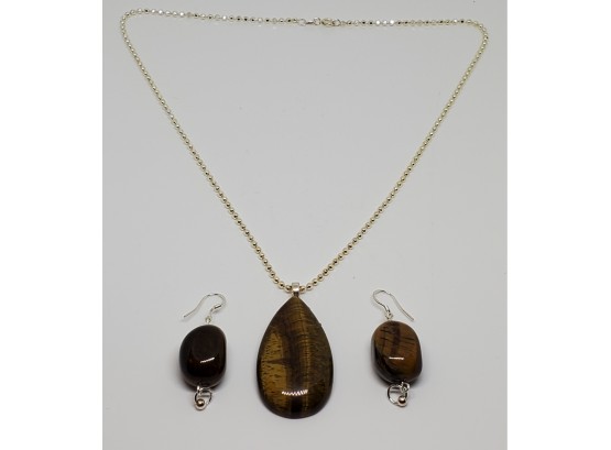 Tigers Eye Pendant Necklace & Matching Earrings In Sterling