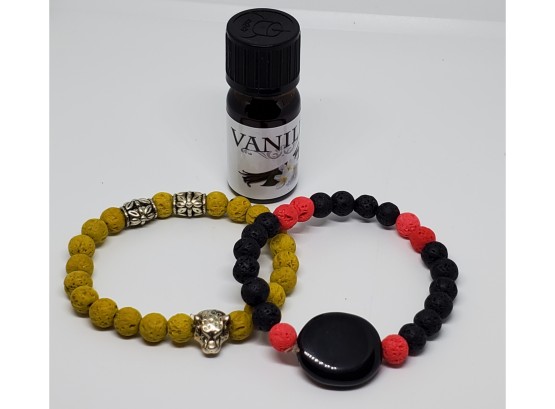 2 Handcrafted Lava Stone Stretch Bracelets & Vanilla Scented Oil