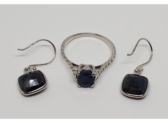 Blue Sapphire Ring & Matching Earrings In Sterling