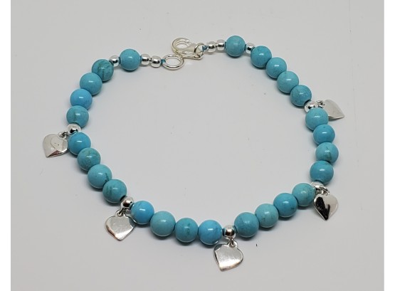 Cue Blue Howlite Bracelet In Sterling With Heart Charms