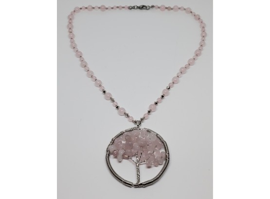Nice Rose Quartz Tree Pendant Necklace In Stainless