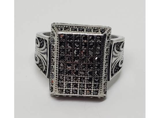 Grey Austrian Crystal Men's Ring In Oxidized Stainless Steel