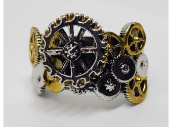 Steampunk Gear Ring In Silver & Gold Tone
