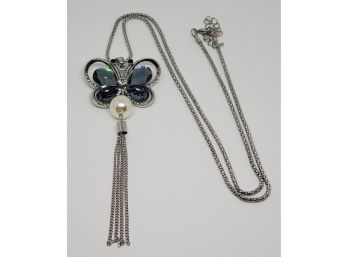 Faux Grey Quartz, Austrian Crystal Butterfly Tassel Pendant Necklace