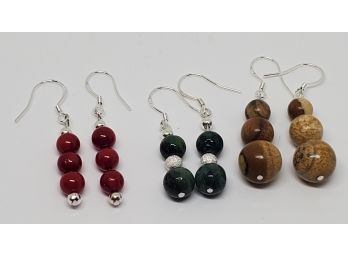 3 Pair Of Sterling Earrings Made With Coral, Sandstone & Real Emerald Beads