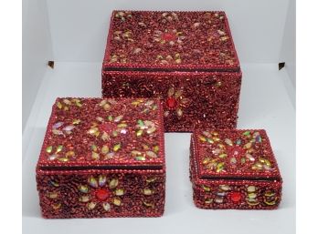 Set Of 3 Handcrafted Red Embellished Nesting Boxes