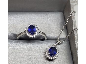 Masoala Sapphire, Zircon Ring & Pendant Necklace In Platinum Over Sterling