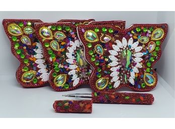Handcrafted Set Of 3 Butterfly Jeweled Notebooks & Matching Pen