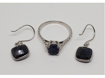 Blue Sapphire Ring & Matching Earrings In Sterling