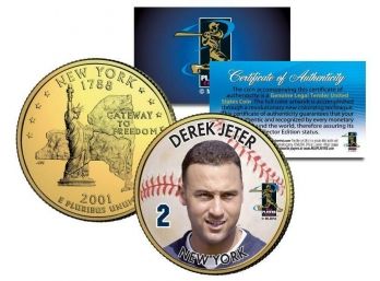Brand New Derek Jeter 24K Gold Plated Colorized US New York State Quarter With COA