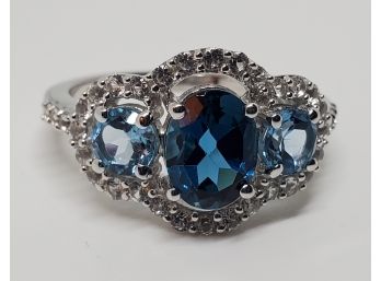 London & Swiss Blue Topaz With White Sapphire Rhodium Over Sterling Ring