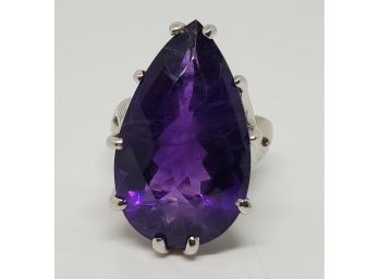 Absolutely Stunning Large Pear African Amethyst Rhodium Over Sterling Ring