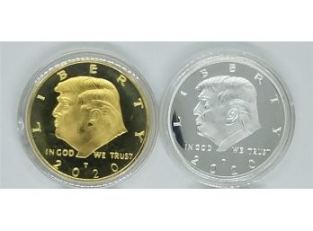 Lot Of (2) Brand New 2020 Uncirculated Silver Tone & Gold Tone Donald Trump American Eagle Commemorative Coins