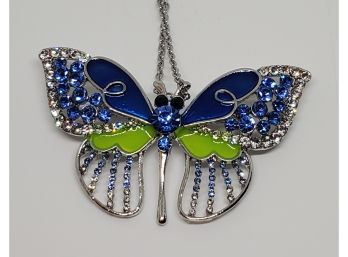 Austrian Crystal, Enameled Butterfly Broach Pendant Necklace