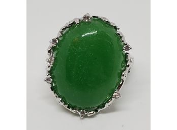 Burmese Green Jade, White Zircon Ring In Sterling