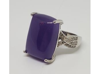 Burmese Purple Jade, Zircon Ring In Platinum Over Sterling