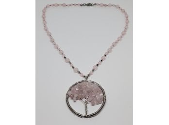 Nice Rose Quartz Tree Pendant Necklace In Stainless
