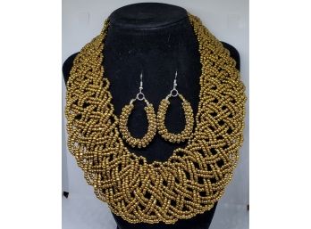 Copper, Golden Color Braided Beaded Necklace & Earrings