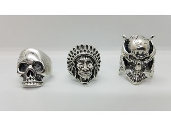 Lot Of 3 Silver Tone Size 9 Biker Rings ~ Native American Chief ~ 2 Different Skulls