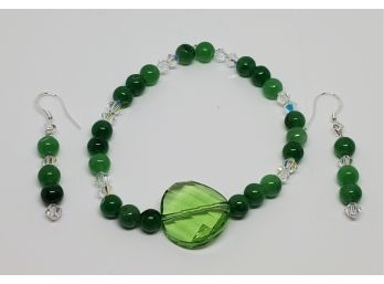 Jade, Sterling & Swarovski Crystal Bracelet With Matching Earrings