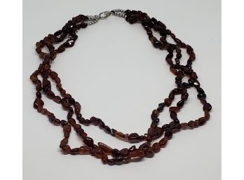 Indian Garnet Beaded Triple Strand Necklace In Stainless