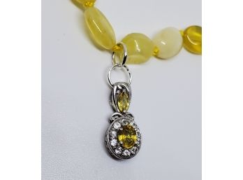 Yellow Opal Bead Necklace In Sterling With Citrine Pendant